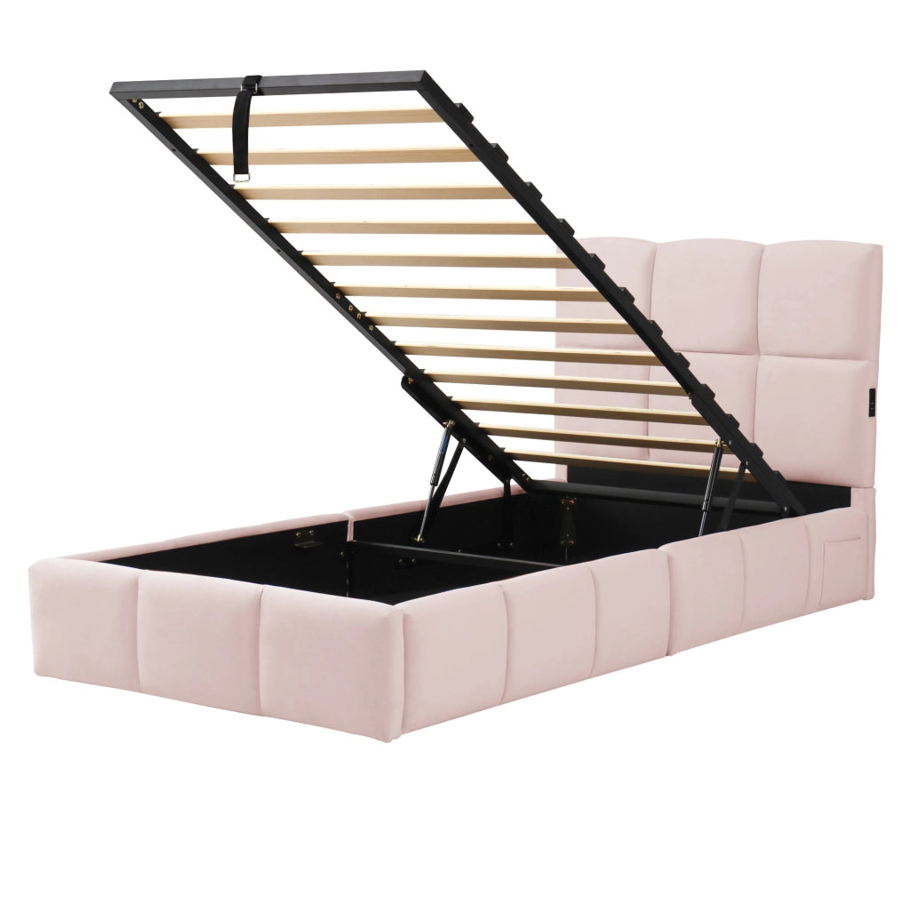 Letto singolo imbottito 90x200 cm in velluto rosa con contenitore; rete e porta USB