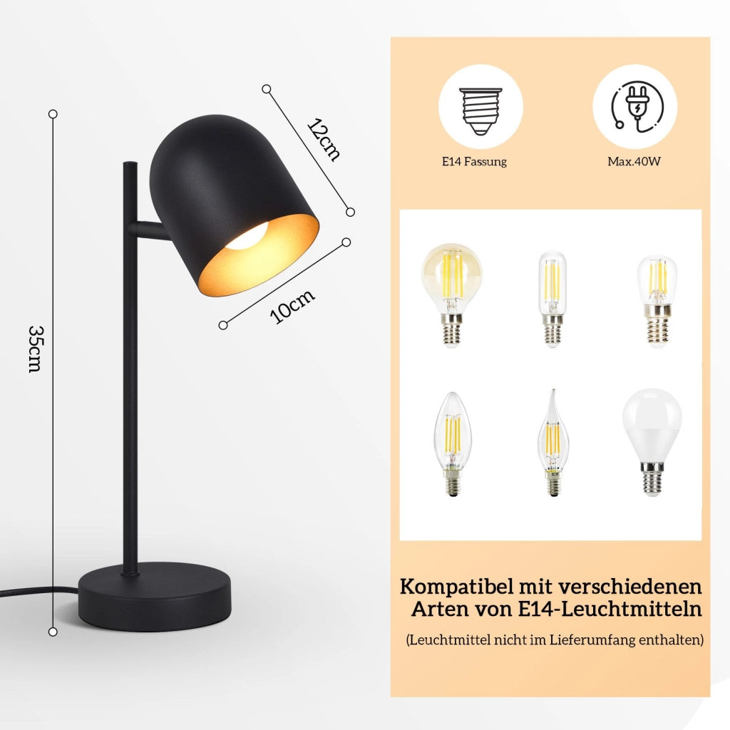 ZMH Lampada da tavolo lampada da comodino nero oro E14 retrò metallo girevole 350°