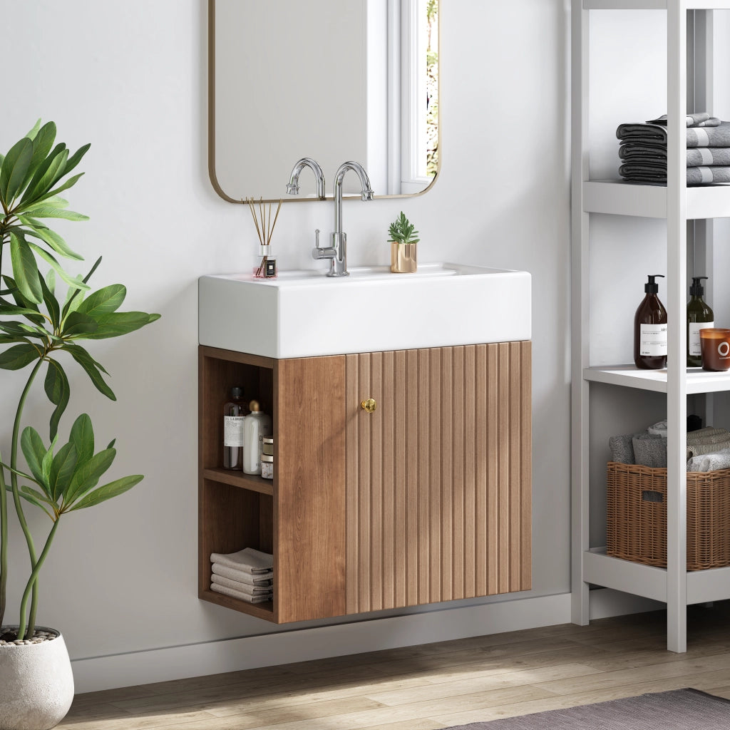 Armadietto da bagno con lavabo, ripiani laterali e chiusura ammortizzata, per bagno piccolo, marrone 69 × 52 × 32 cm