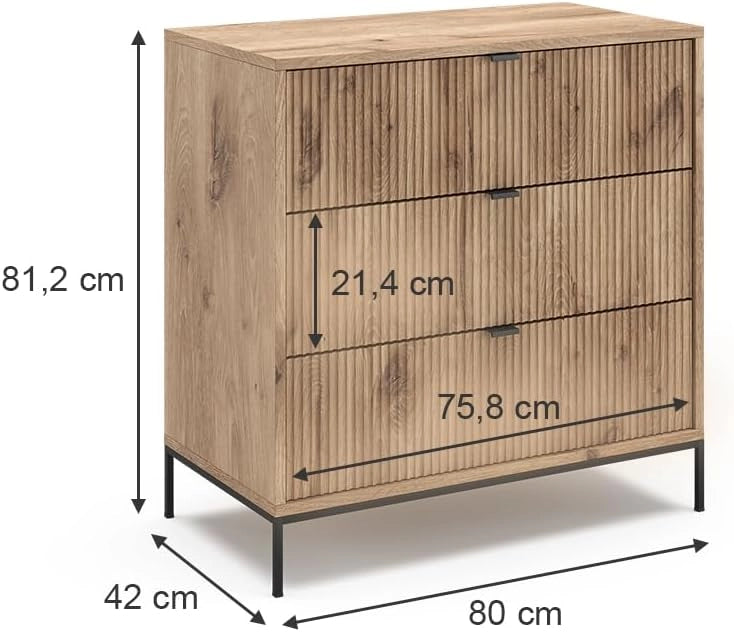 Cassettiera Eliza, Quercia vichinga, 42 x 81.2 cm con 3 cassetti, per la conservazione e l’organizzazione in soggiorno o camera da letto