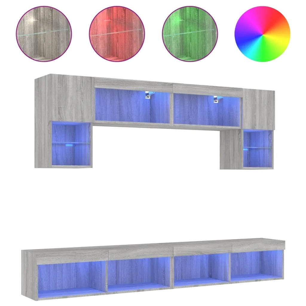 vidaXL Mobili TV a Muro con LED 6pz Grigio Sonoma Legno Multistrato