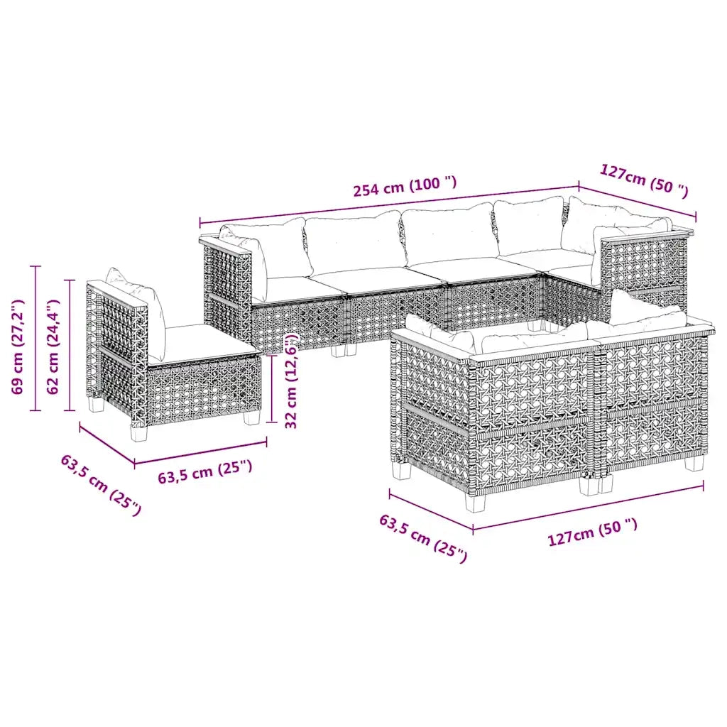 Set Divano da Giardino 8 pz con Cuscini Beige in Polyrattan