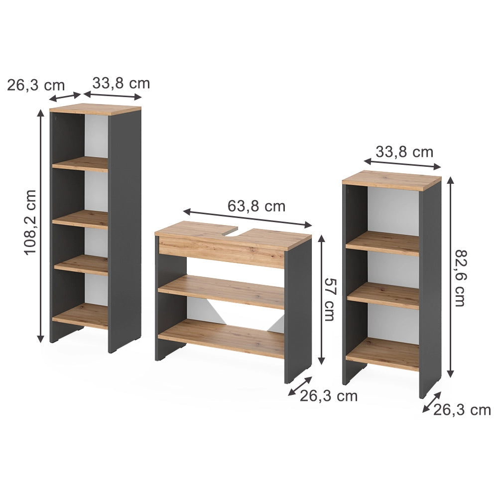 Vicco Set di mobili da bagno Antracite/Quercia dorata 3 parti