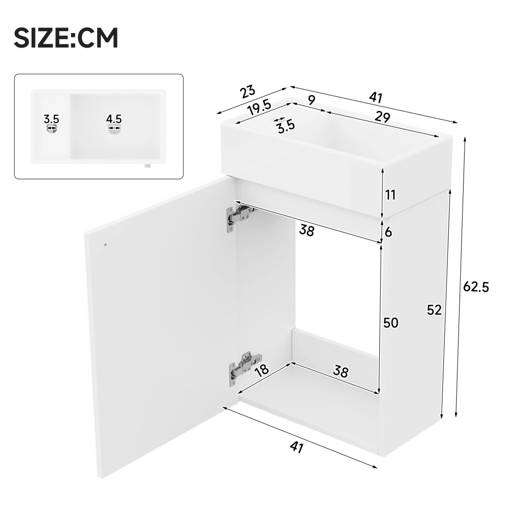 Mobile sottolavabo sospeso da bagno con 1 anta e chiusura soft-close, in MDF e ceramica, bianco, 41 × 23 × 62,5 cm