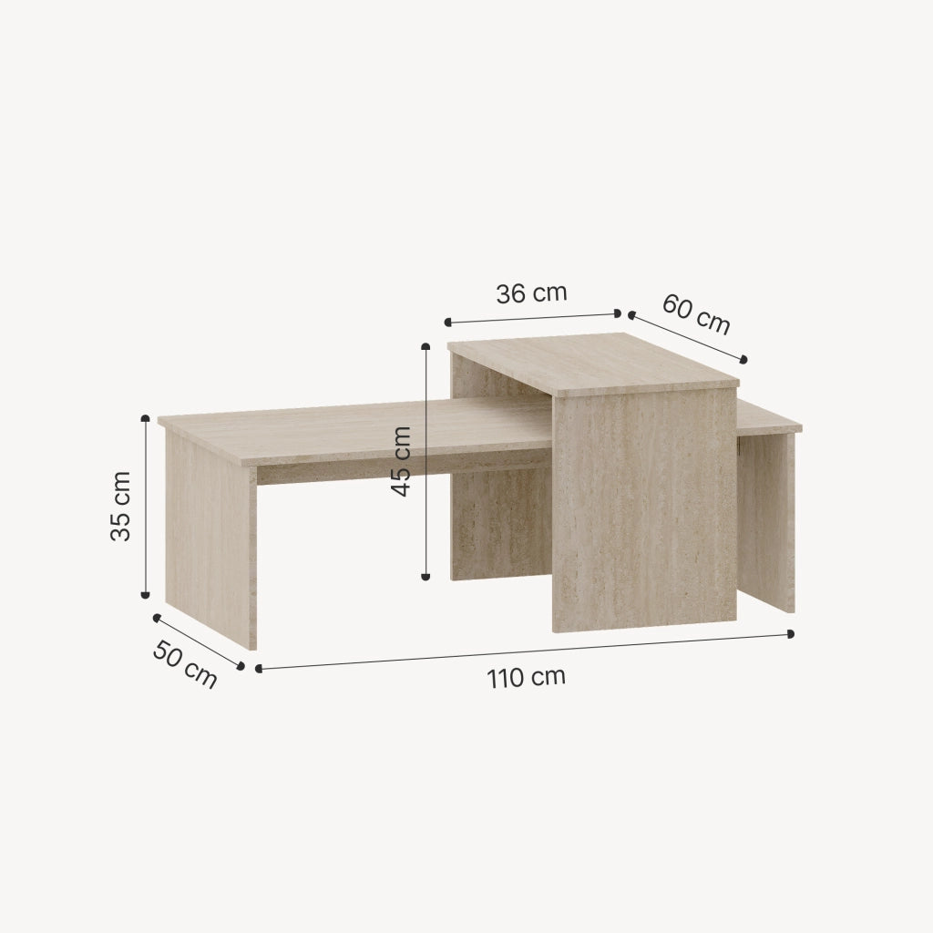Set Sotapim di 2 Tavolini Rettangolari Componibili di Diverse Misure - Color Travertino [en.casa]