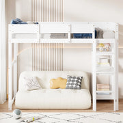 Letto a soppalco singolo 90×200 cm con ripiano e barriere; senza materasso; legno; bianco
