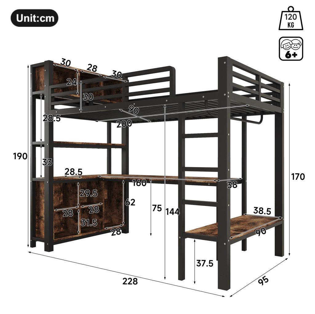 Letto a soppalco 90x200 cm nero con scrivania e ripiani