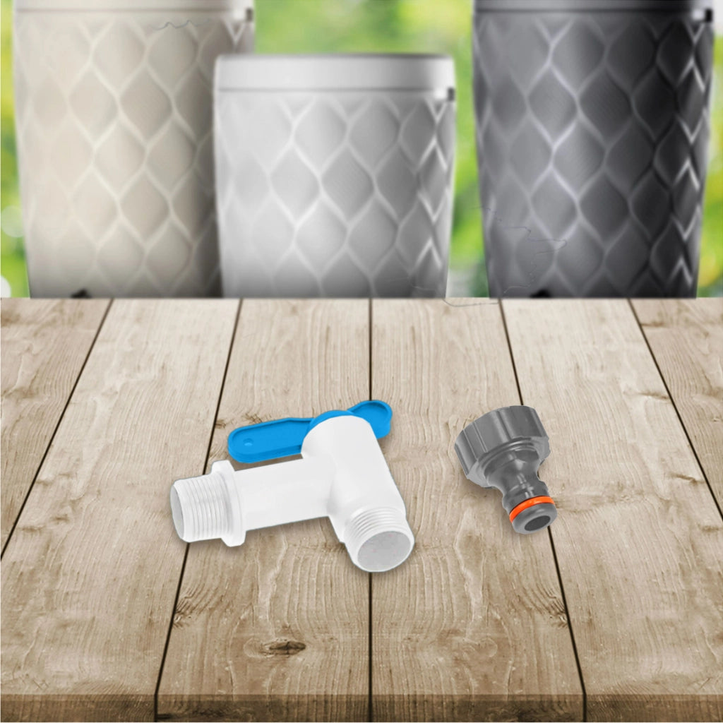 Rubinetto da giardino KADAX con valvola a nipplo da 3/4 per serbatoio dell'acqua piovana, tubo flessibile e cilindro.