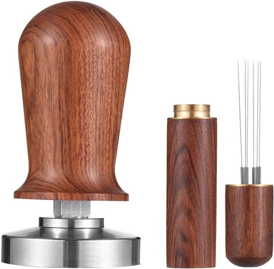 Due pezzi 51mm Tampatore espresso e manici - Base in acciaio inox con bilanciere - Inclusa asta manico - Base piatta in acciaio inox 304 - Per Puck di caffè espresso