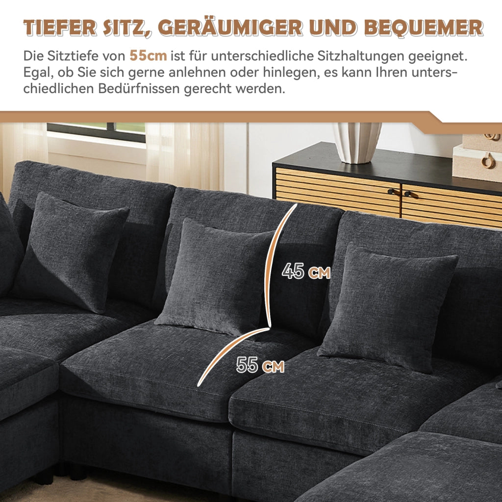 DIVANO MODULARE convertibile in U o L 278x161x81 cm Chenille grigio con 2 pouf e 6 cuscini