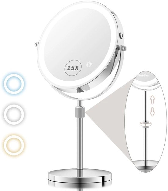 Specchio da trucco regolabile in altezza da 20 cm con illuminazione, specchio da trucco ricaricabile 15X/1X con illuminazione, specchio da trucco ingrandente con illuminazione variabile, specchio da trucco rotativo a 360°