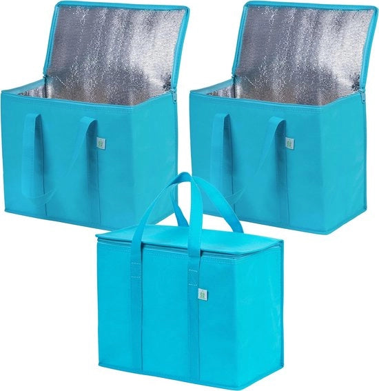 Taschetti di conservazione 3 in 1 isolati, riutilizzabili, grandi, manici robusti, chiusura a doppia cerniera, coperchio ripiegabile in verticale, sostenibile (blu cielo, 3-pack)