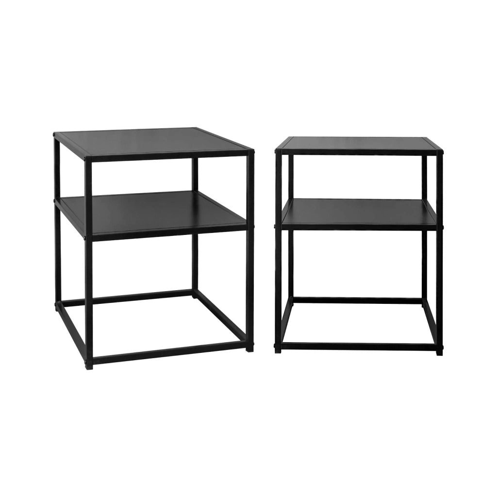 Set 2 comodini in metallo nero con ripiano, nero