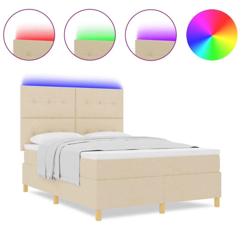 Letto con Box Spring e Materasso & LED Crema 140x190 cm Tessuto