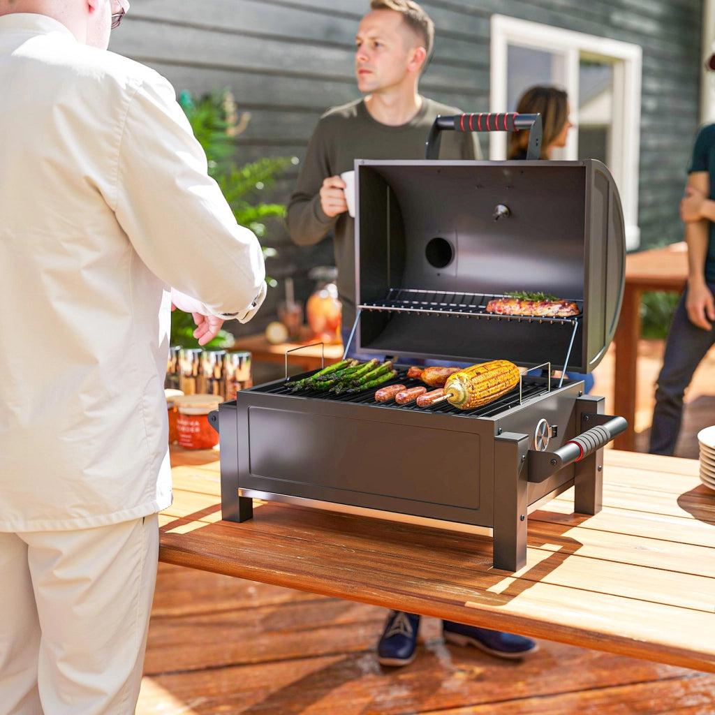 Barbecue a carbone con coperchio, griglia riscaldante, cassetto cenere, termometro, inox ¨C zephmum ¨C Nero/Rosso 67x53x55cm