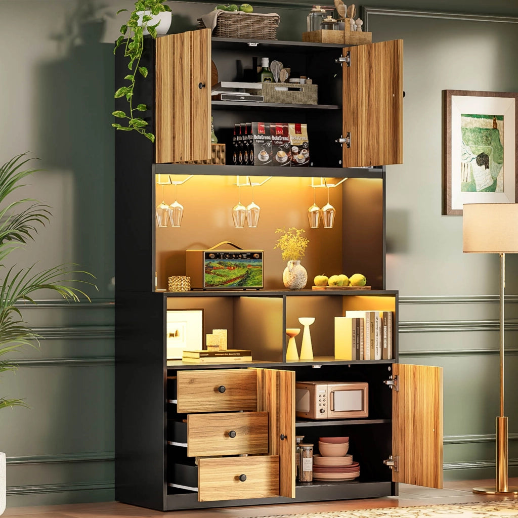 Hochschrank da cucina con vetrina, illuminazione LED RGB, prese integrate e portabicchieri, 100 x 40 x 180 cm