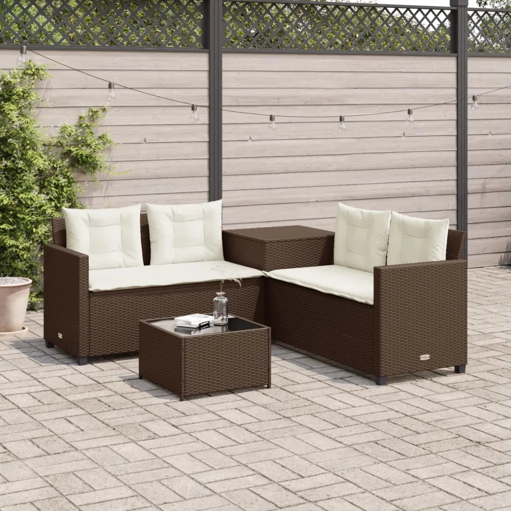 Divano da Giardino con Tavolo e Cuscini a L-Sofa da Giardino-Divano da esterno Marrone Polyrattan 764401