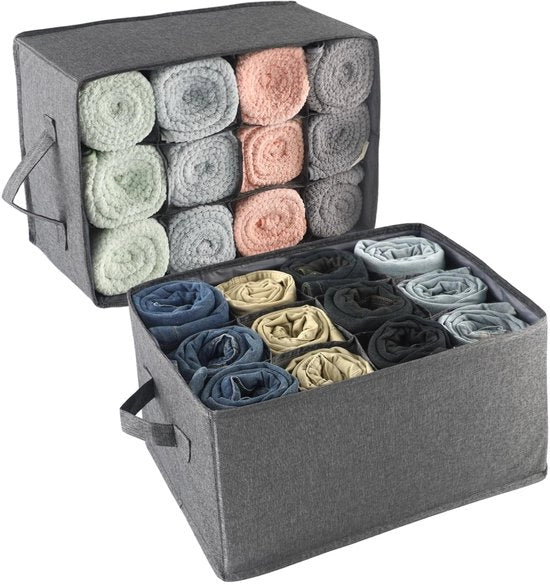 Organizzatore per armadio 2 pezzi, contenitore di archiviazione per abbigliamento con 24 rack, sistema di organizzazione dei cassetti, organizzatore di cassetti pieghevole per jeans, pantaloni, asciugamani, camicie e maglie.
