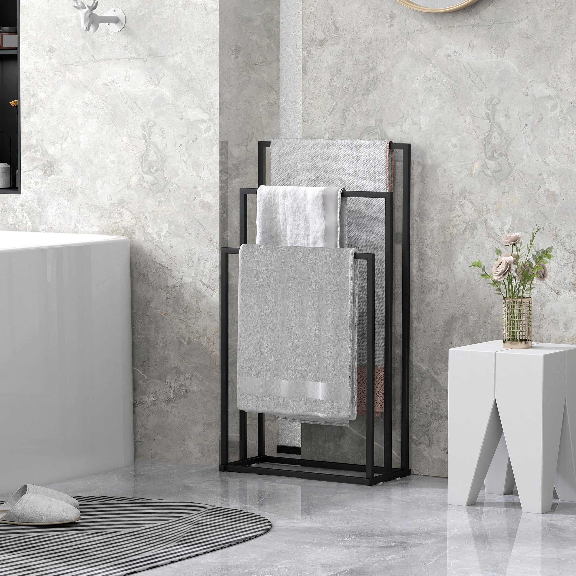 Portasciugamani da Terra a 3 Bracci Autoportante 45x21.5x85 cm in Acciaio Nero