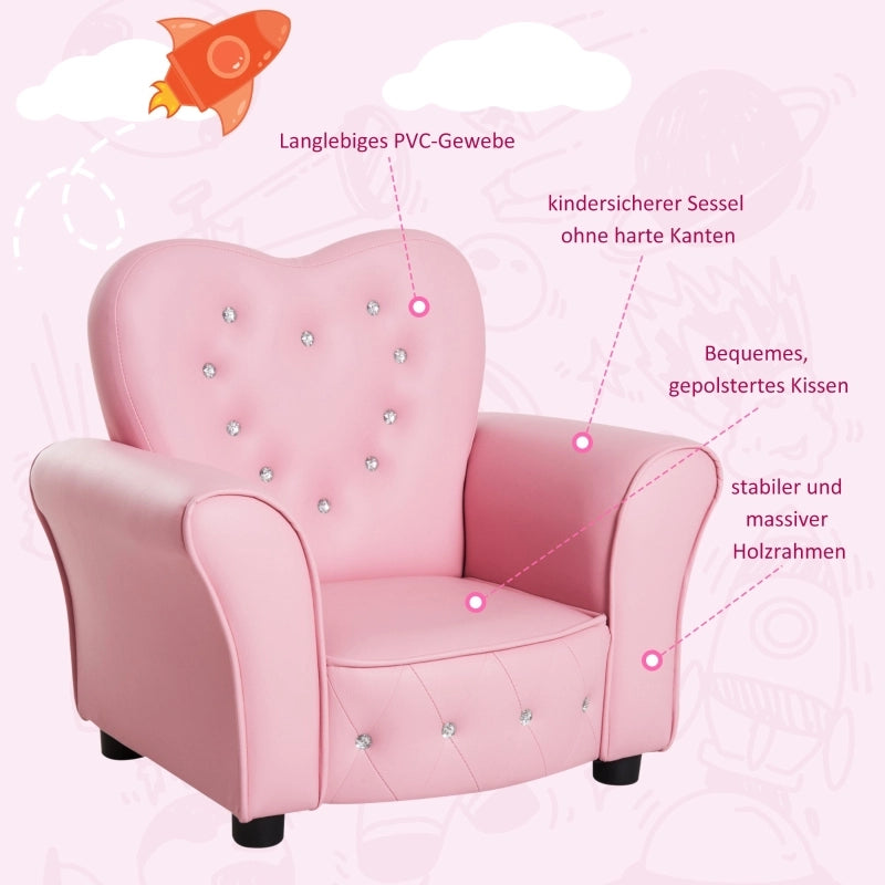 Poltrona per bambini con schienale trapuntato e piedi in legno comfort e pulizia facile in PVC rosa 59 × 41,5 × 49 cm