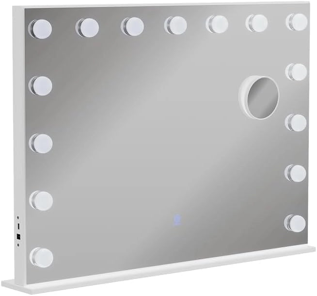 Specchio da toilette Greta, Bianco, 58 x 47 cm con illuminazione a LED, con specchio cosmetico integrato 10x e porta USB