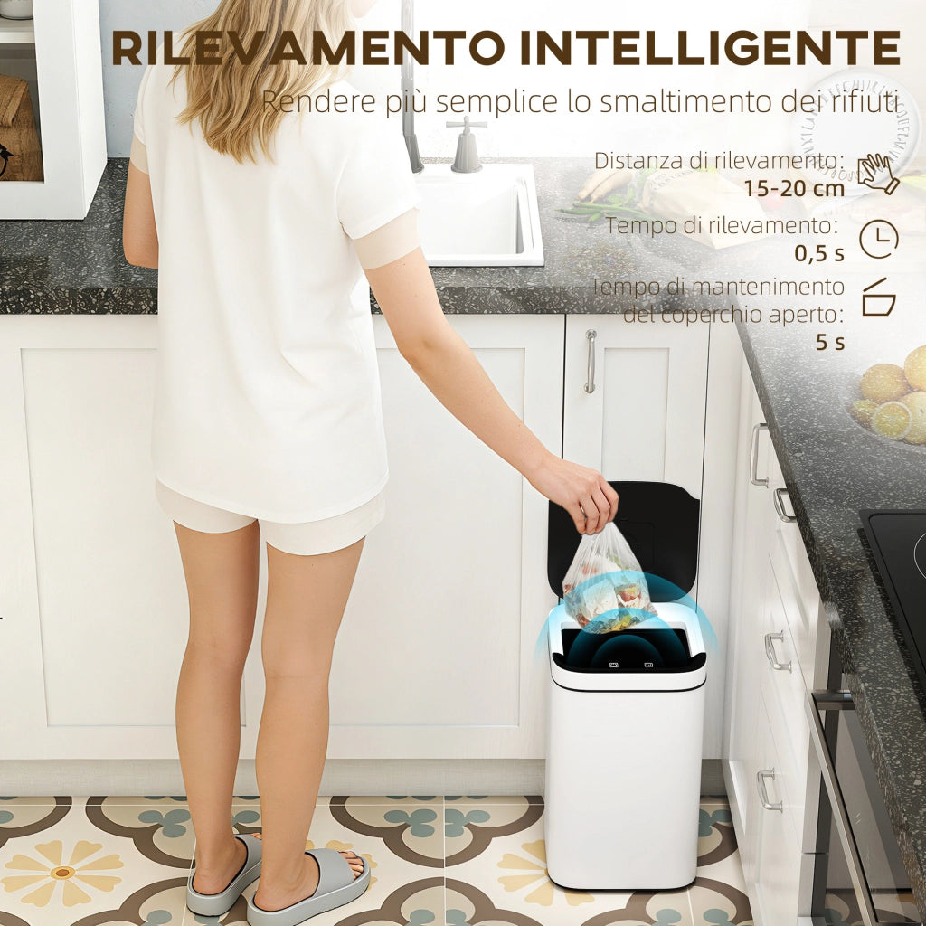 Bidone per Rifiuti Intelligente 13L ¨C zephmum ¨C Acciaio e PP, 24x24x41 cm, Bianco e Nero