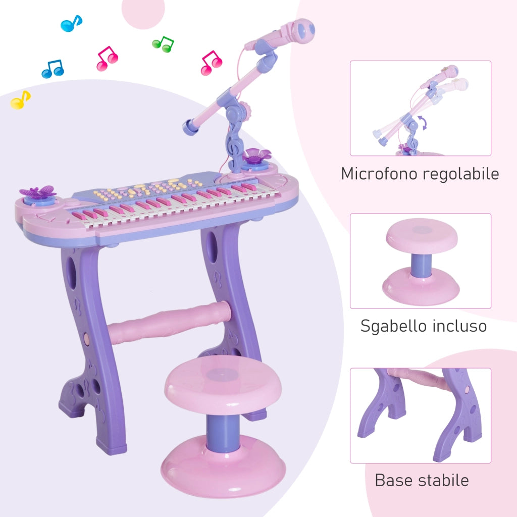 EasyComfort Pianola per Bambini a 37 tasti con Sgabello e Microfono, 12 Strumenti e 22 Musiche, Registrazione, MP3 e Karaoke, Rosa