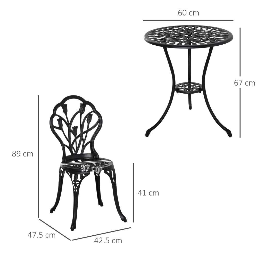 Bistro set da 3 pezzi in alluminio nero con tavolo rotondo e 2 sedie pieghevoli per esterni
