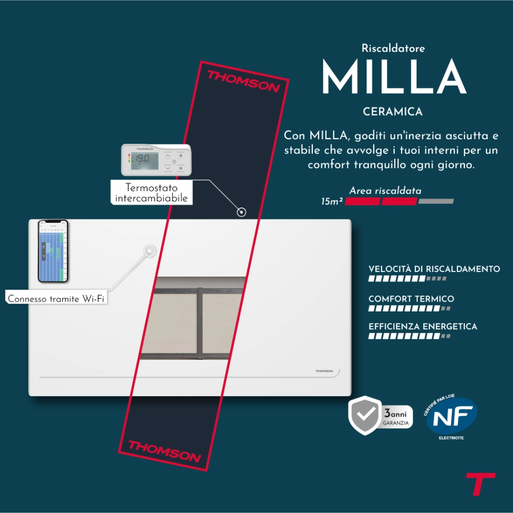 Radiatore elettrico Thomson WiFi con inerzia in ceramica e termostato intercambiabile, 1500W Milla