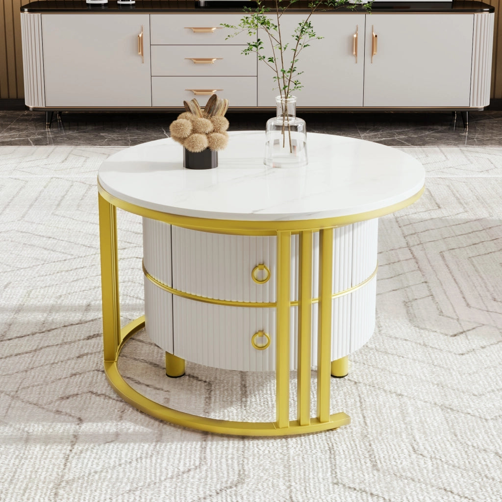 Set di tavolini da salotto 70x70x46 cm e 50x50x40 cm; piano lucido effetto marmo; MDF bianco