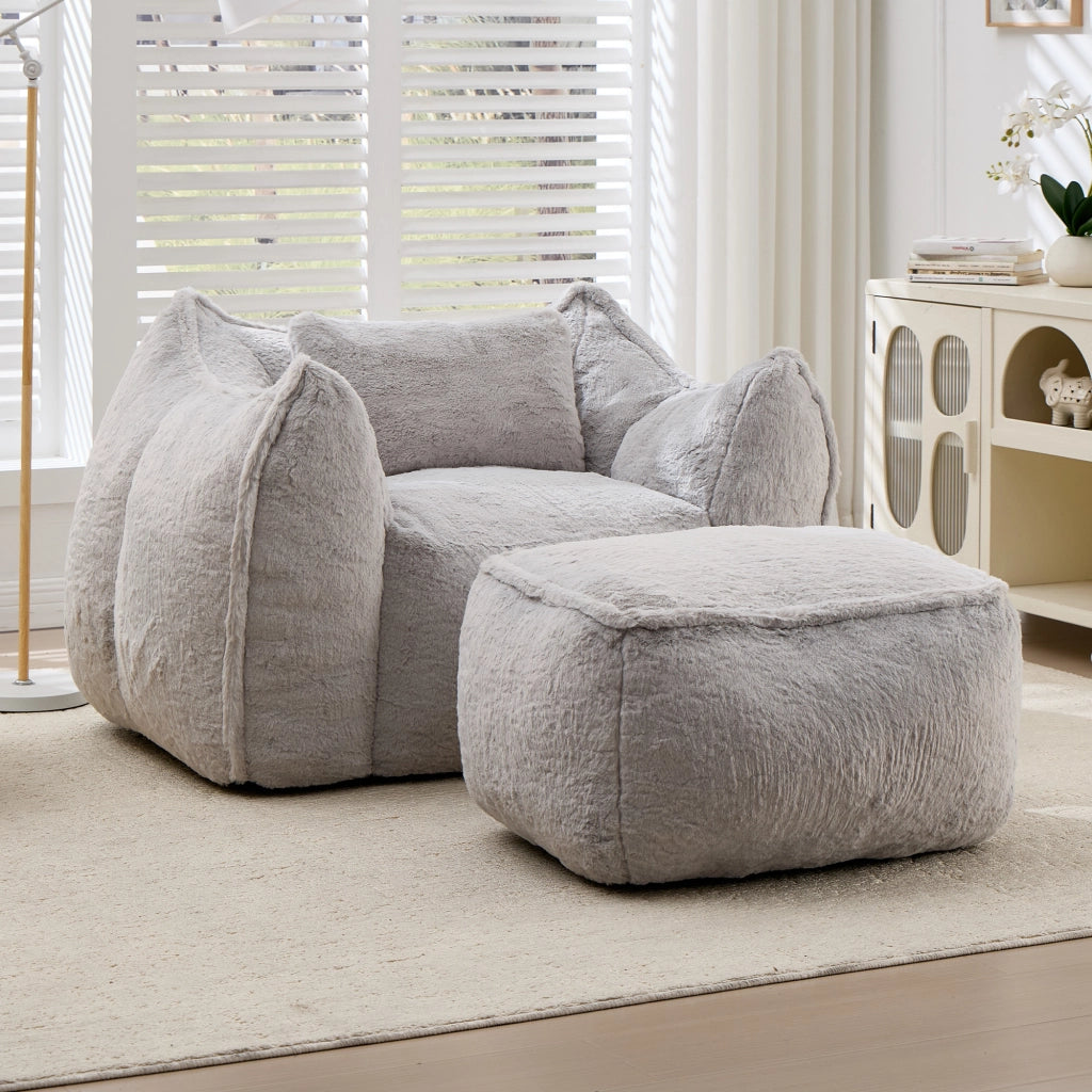 Pouf poltrona ergonomico con poggiapiedi e imbottitura in schiuma, per soggiorno, in pelliccia sintetica grigio