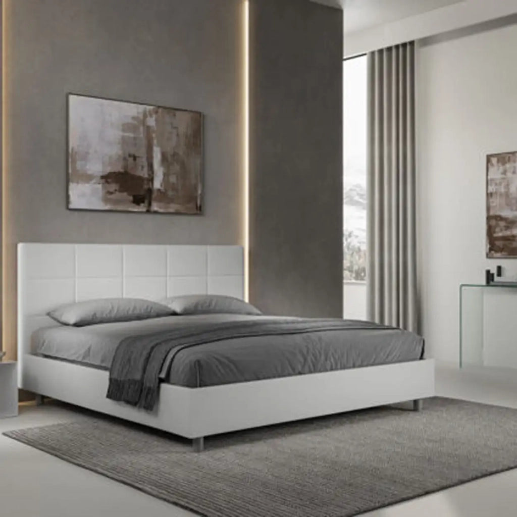 Letto matrimoniale king size con rete imbottito 200x210 similpelle bianco Mika