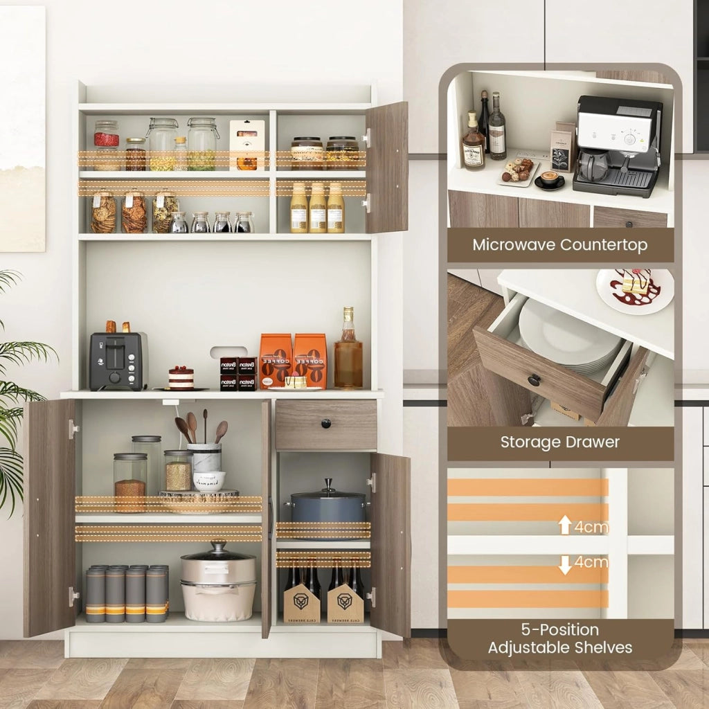 Armadio da cucina da 180 cm, con piano di lavoro, armadietto alto da cucina, armadietto con 4 ripiani regolabili, armadietto multiuso