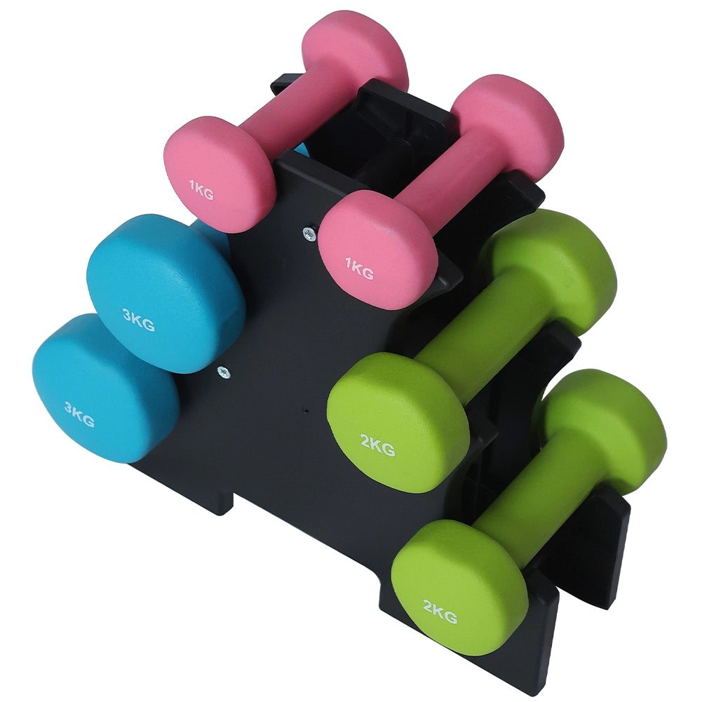 Set Manubri Palestra 6 Pesi Fitness 1kg 2kg 3kg con Supporto Stand Antirumore