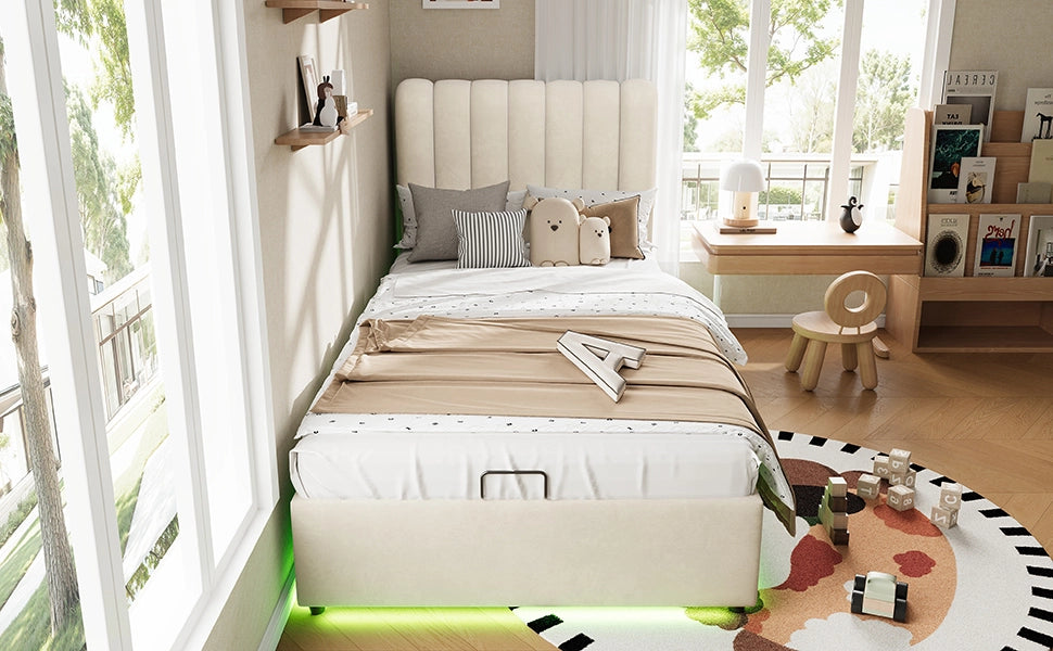 Letto per bambini contenitore 90 × 200 cm con 3 cassetti, LED, senza materasso, in velluto, beige