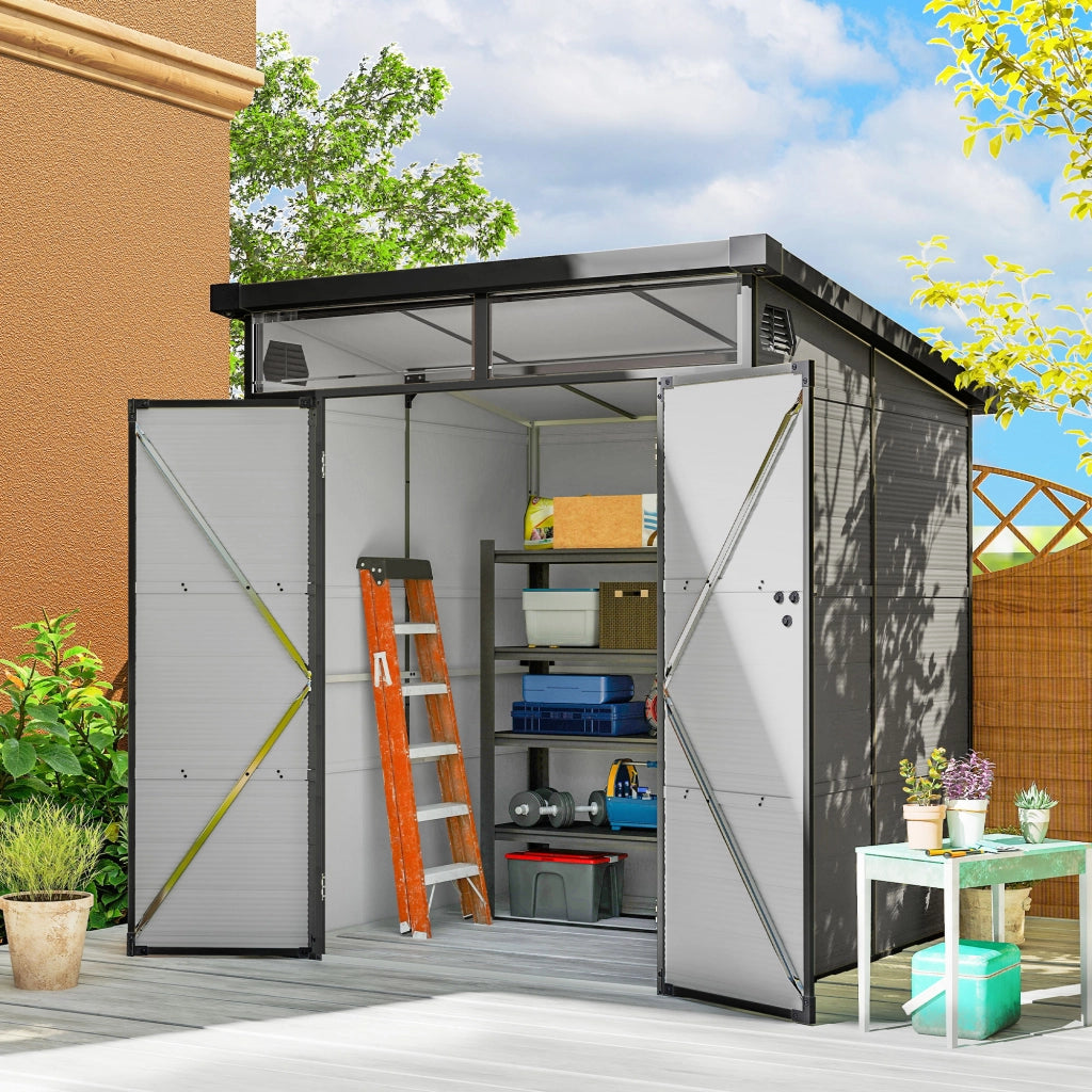 Casetta da Giardino in Plastica Porta Attrezzi con Finestre, Prese d'Aria e Blocco, 1.9x1.9 m, Grigio Chiaro