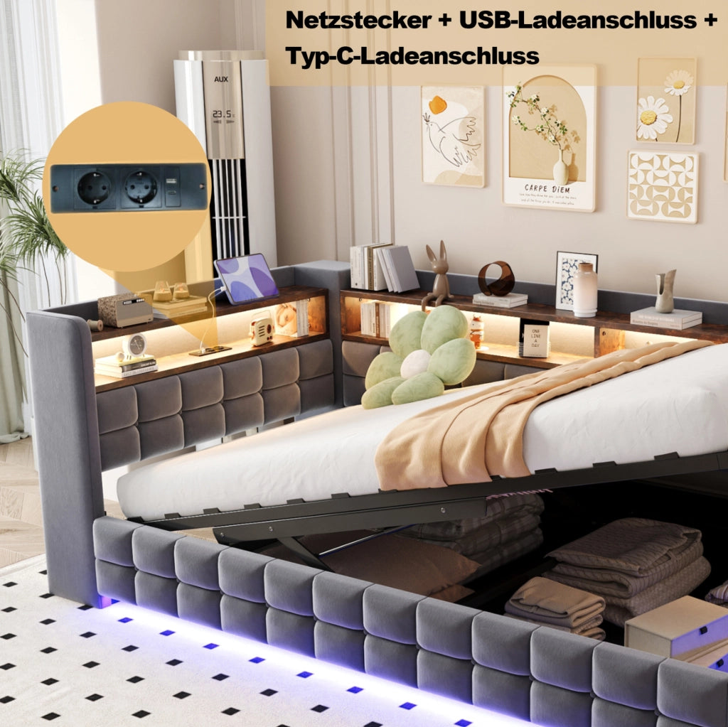 Divano letto imbottito con contenitore 90x200 cm; LED; prese USB e Tipo-C; grigio