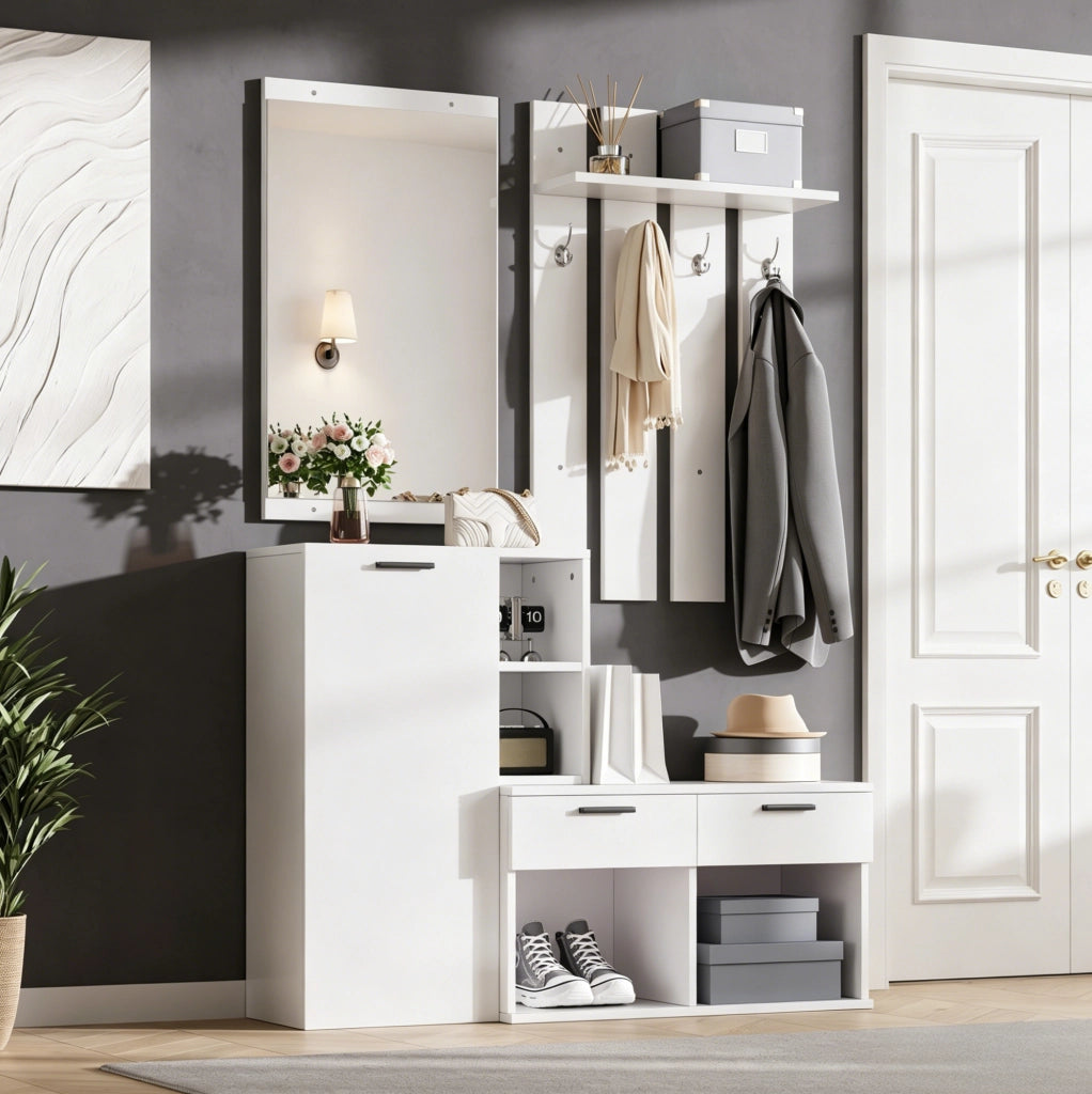 Mobile ingresso con specchio, scarpiera e appendiabiti in MDF bianco per ordine salvaspazio