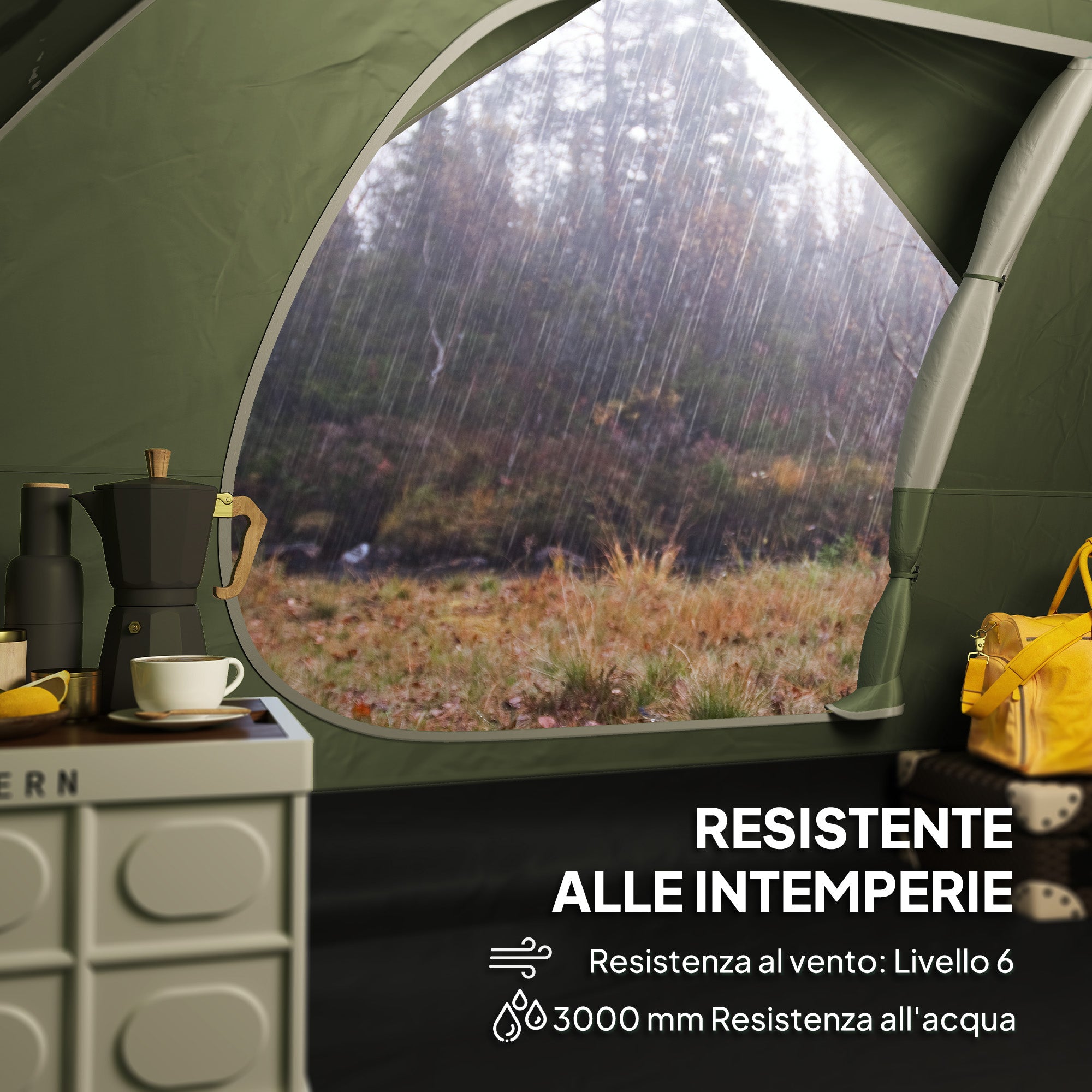 Tenda da Campeggio per 3 Persone Impermeabile 205x275x135H cm con Tasche e Gancio per Lanterna Verde