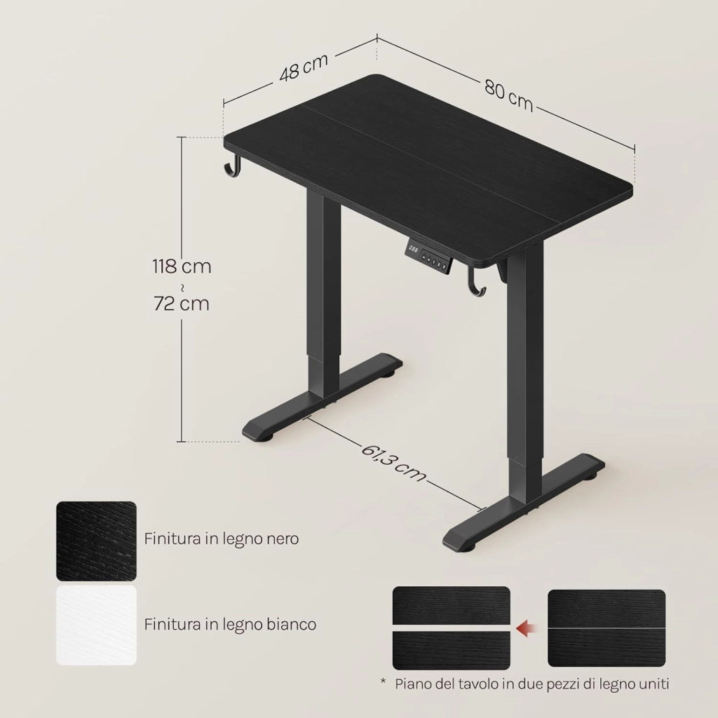 Scrivania Elettrica Regolabile in Altezza 72-118 cm, con 3 Memorie e 2 Ganci – Nero, Silenziosa, Capacità di Carico 80 kg – per Ufficio, Casa, Gaming e Studio, 80x48 cm
