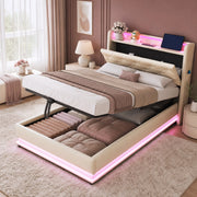 DESMIU Letto bambino 90 × 200 cm 1 piazza con contenitore, LED regolabili, USB e Type-C, senza materasso, lino beige