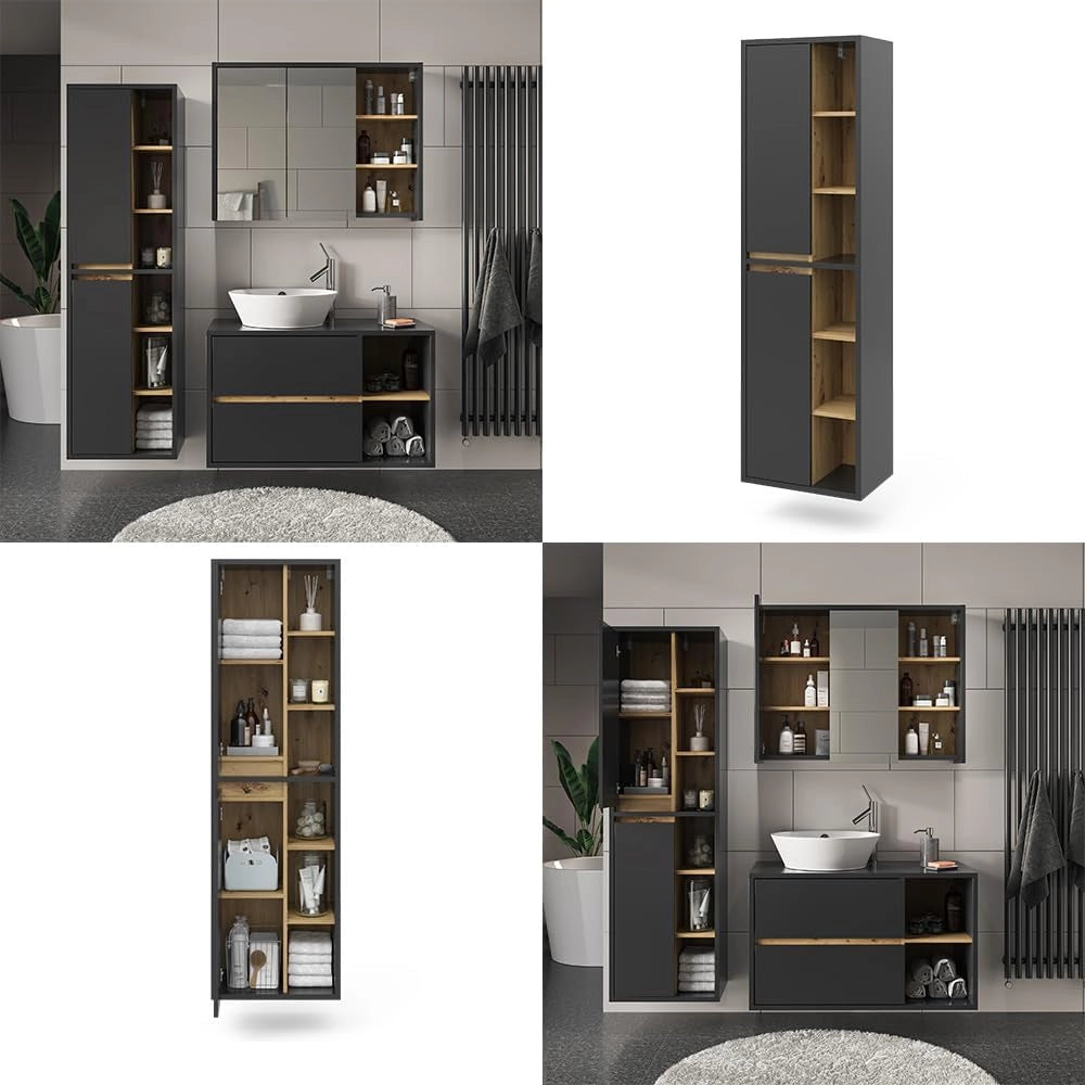 Armadio per il bagno Viola, Antracite, 50 x 170 cm con ante e vani a giorno, adatto al montaggio a parete e combinabile con altri mobili Viola