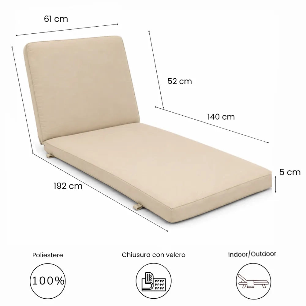Cuscino per lettino da esterno 192x61 cm con schienale reclinabile e velcro in poliestere – Beige
