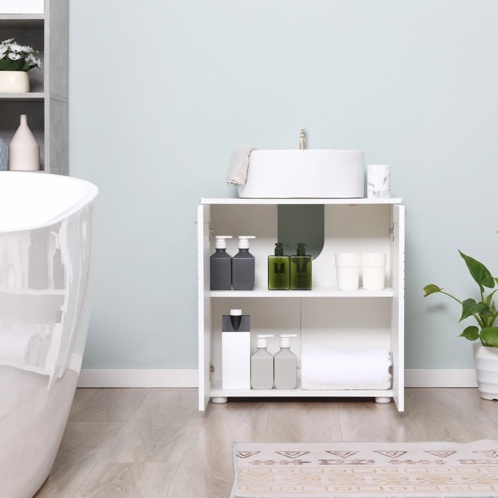 EasyComfort Mobile Sottolavabo per Bagno a 2 Ante, Armadietto Salvaspazio per Lavandino in Legno con Mensola Regolabile, Bianco Lucido