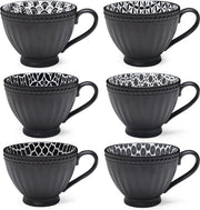 Set di 6 Tazze per Caffè in Ceramica Nera con Maniglie Ampie, 350 ml, Lavastoviglie per Caffè, Tè e Cioccolato