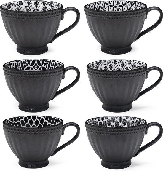 Set di 6 Tazze per Caffè in Ceramica Nera con Maniglie Ampie, 350 ml, Lavastoviglie per Caffè, Tè e Cioccolato