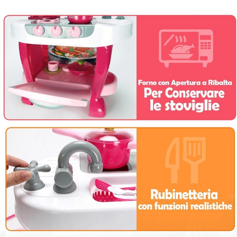 Trade Shop - Cucina Per Bambine Giocattolo 31 Accessori Con Stoviglie Luci Suoni Altezza 70cm -