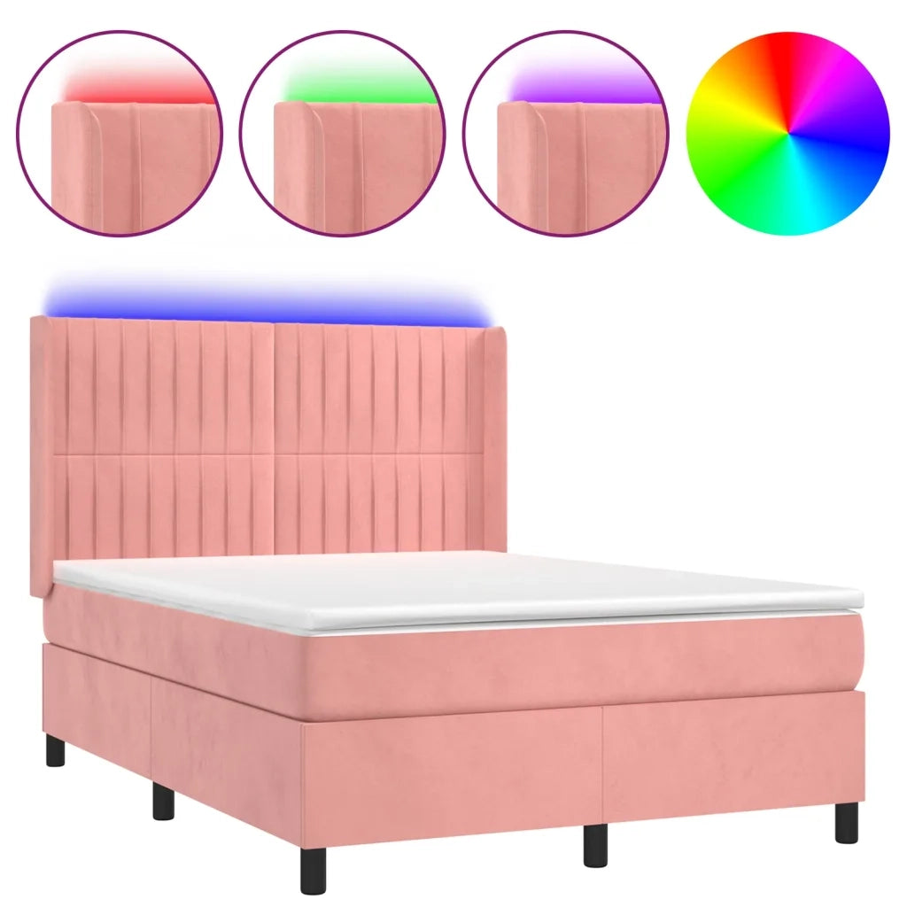 Letto a Molle con Materasso e LED Rosa 140x190 cm in Velluto 3139684