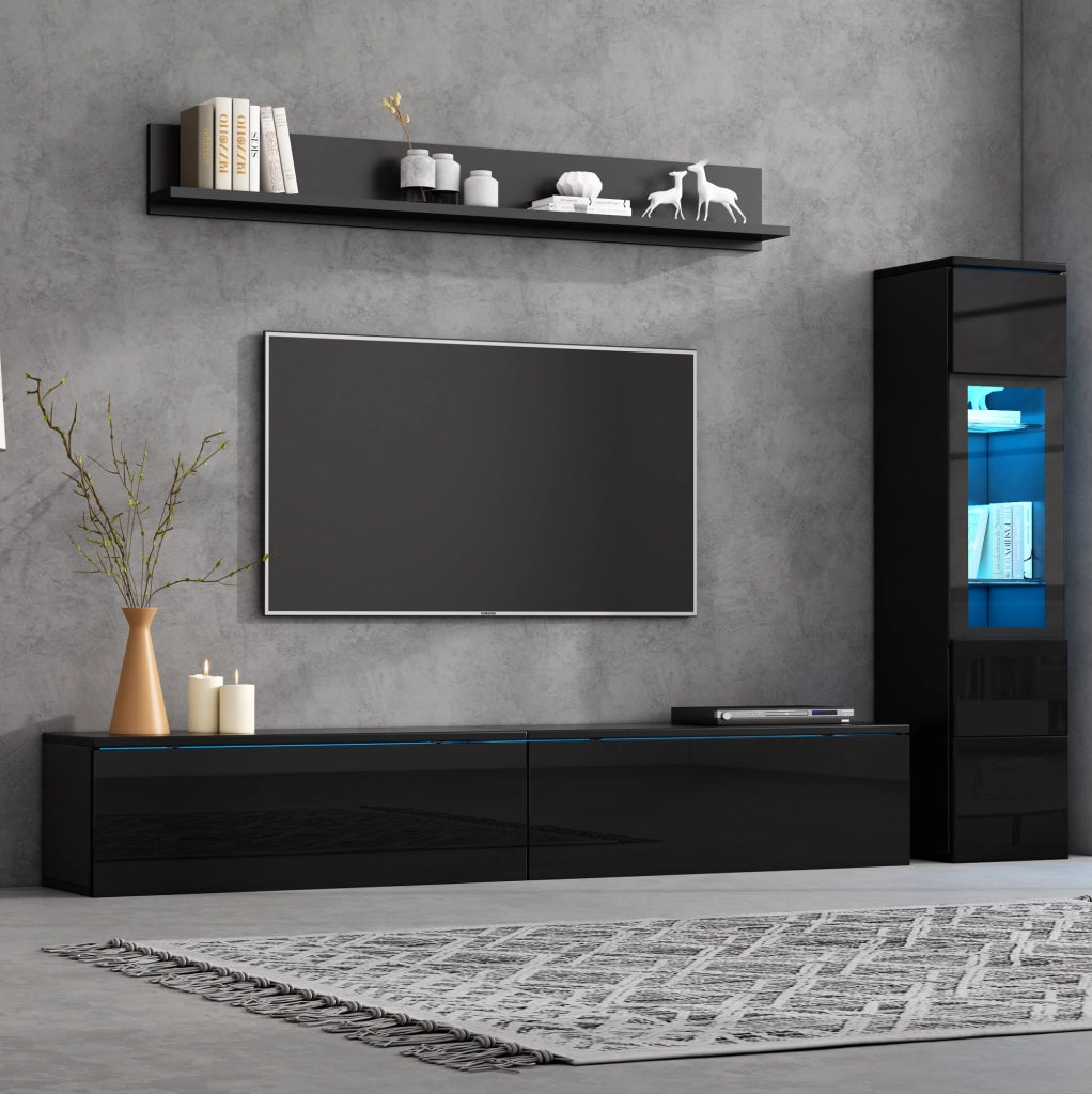 Parete attrezzata 3 pezzi con illuminazione LED RGB in truciolare nera