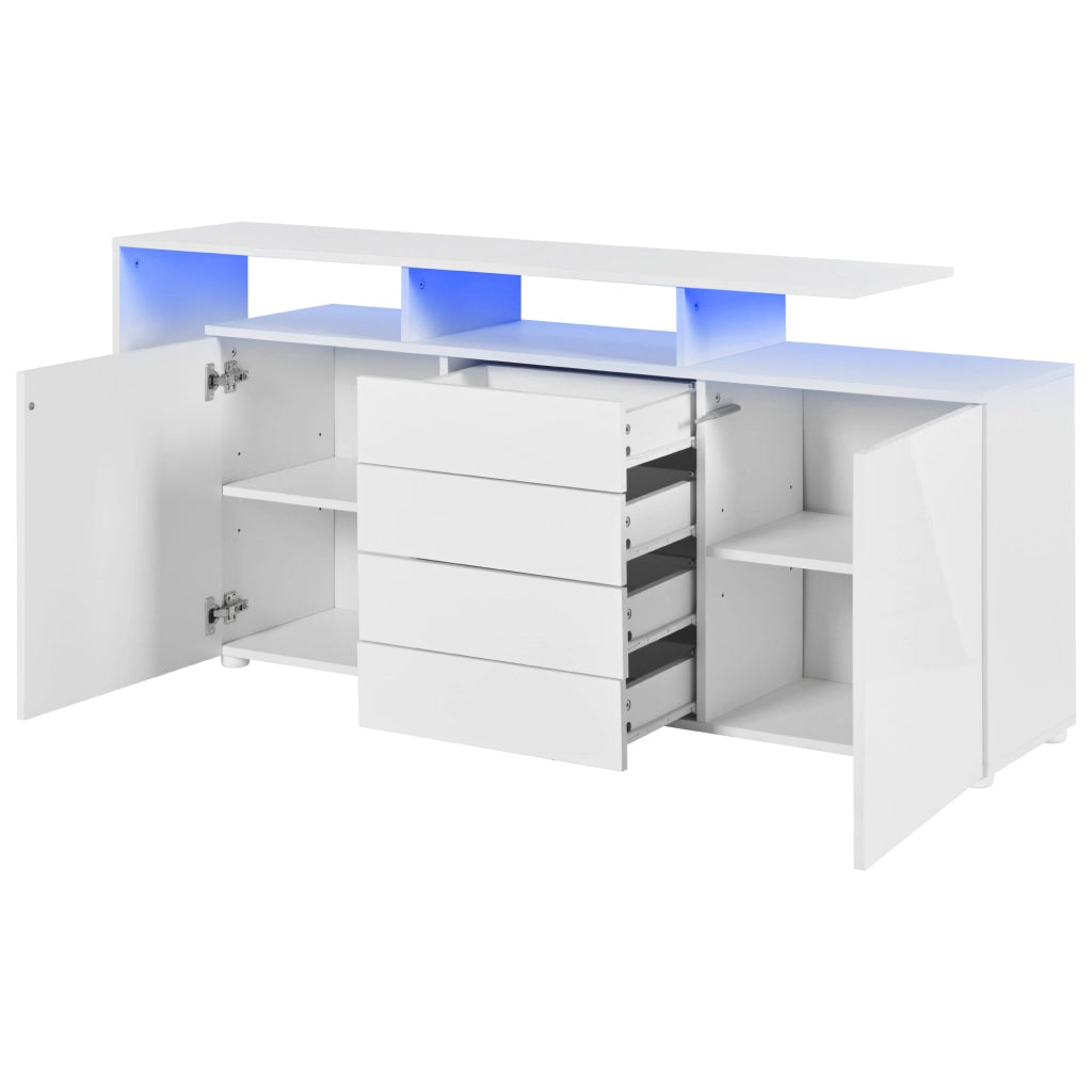 Credenza con 2 Ante; 4 Cassetti; 2 Vani Aperti e LED; Bianco Lucido; in Pannello Truciolare; 160¡Á35¡Á70 cm
